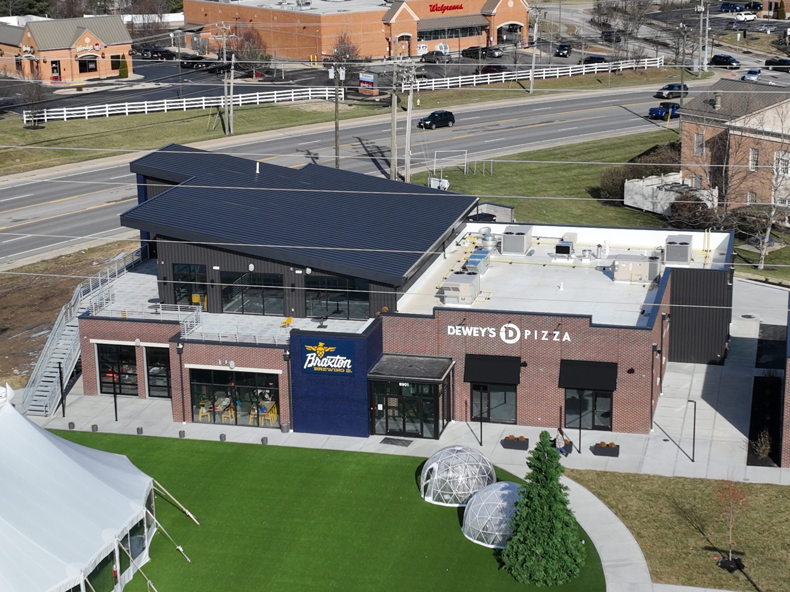 Aerial photo of a business storefront